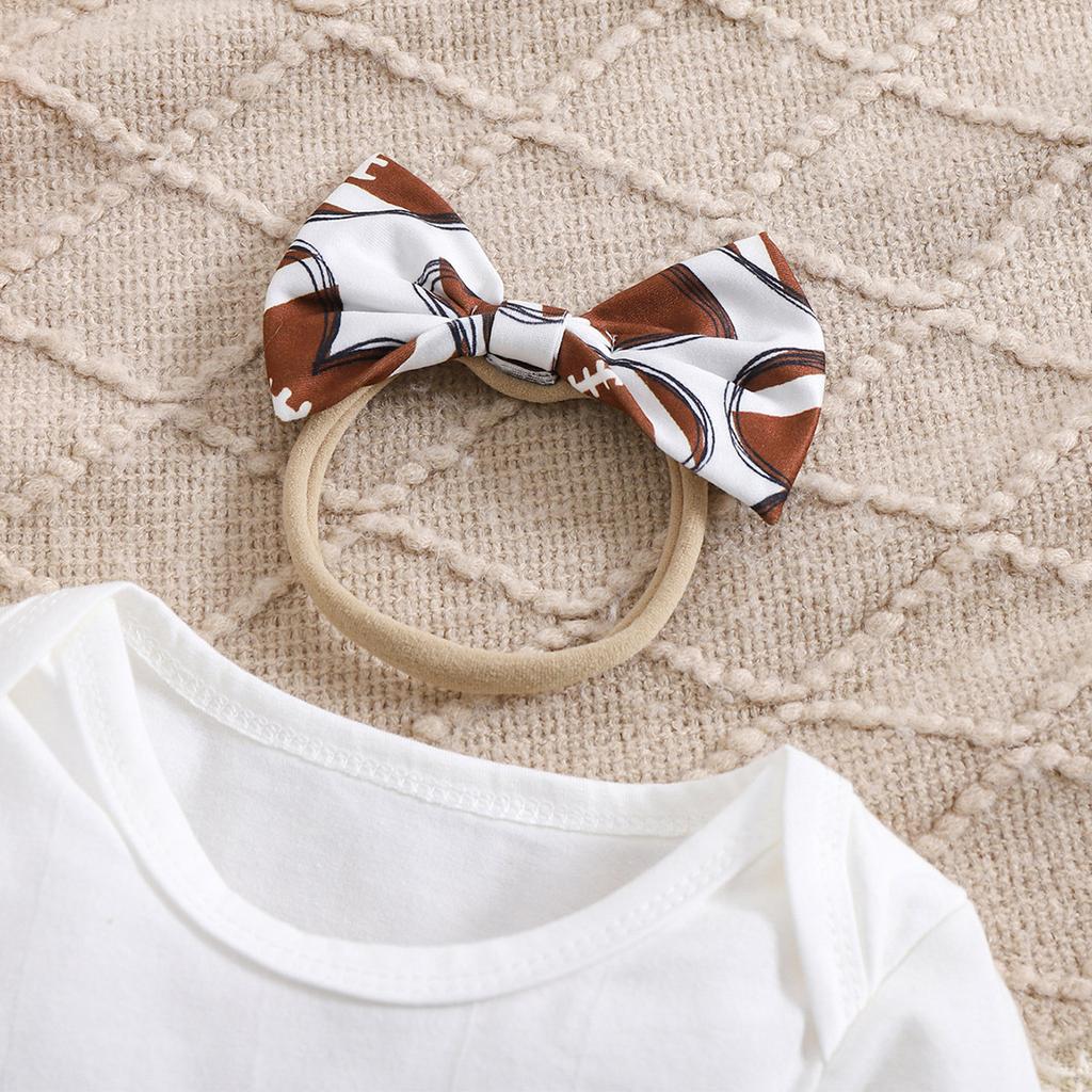 Baby Girl Cute Rugby Letter Long Sleeve Cotton Bodysuit Full Print Trousers With Hairband Outfit Set