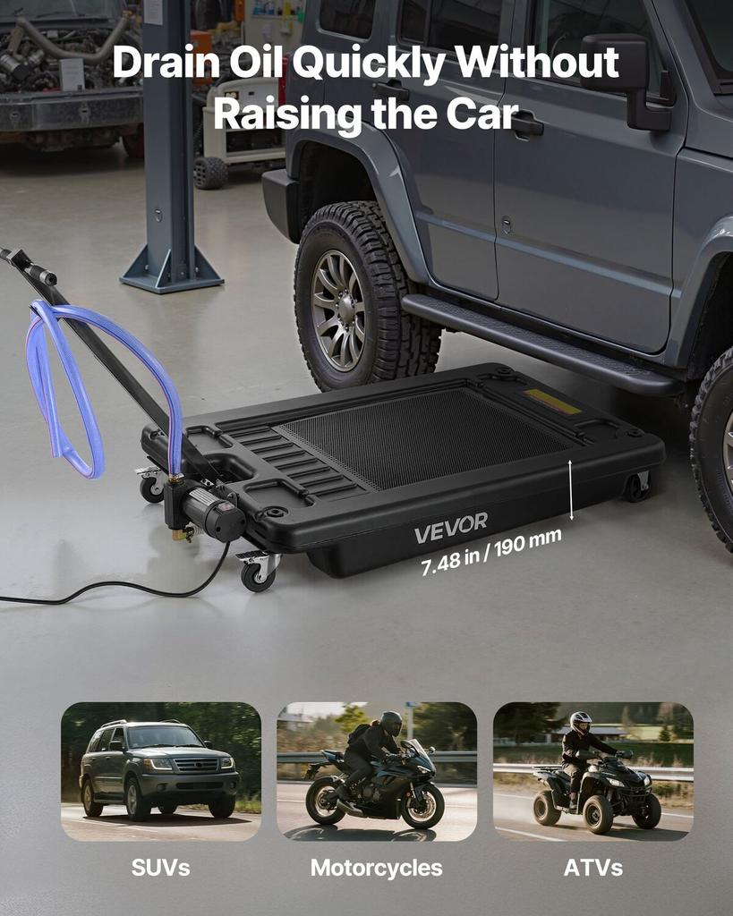 Low Profile Oil Drain Pan, 64 L Capacity, Rolling Oil Drain Pan with Electric Pump & 2.2 M Hose, Leak-proof & Corrosion-resistant, Fit for Cars, SUVs,