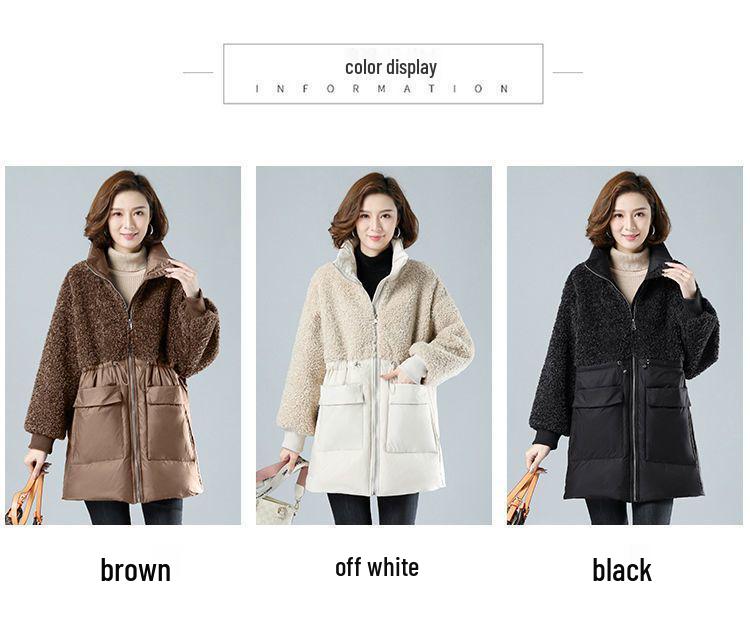 Women's Mid-Length Winter Lamb Wool & Cotton-Blend Jacket - Loose, Plus Size for Middle-Aged Women