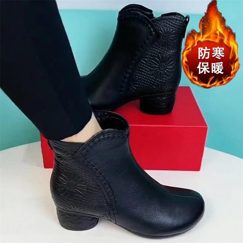 Retro soft leather short boots autumn and winter new cotton boots soft sole non-slip warm snow boots thick heel velvet shoes
