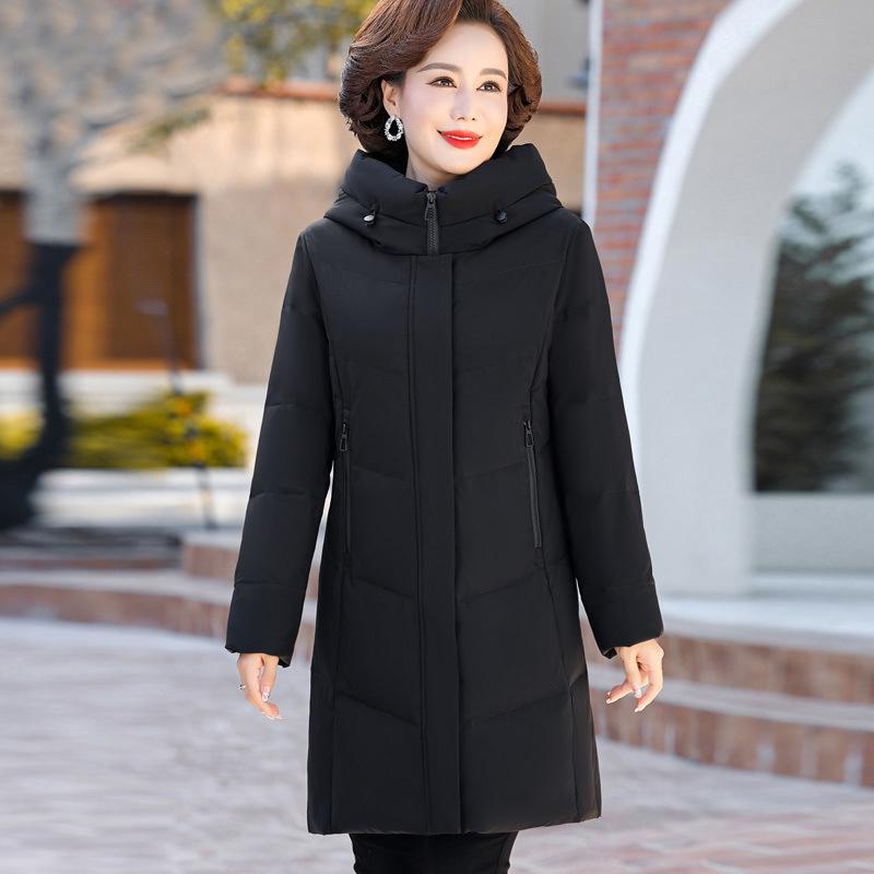 

2024 Женское зимнее пуховое пальто большого размера с капюшоном - Средней длины, Толстое, Теплое для среднего и пожилого возраста 2XL for 111-125 lbs чёрный