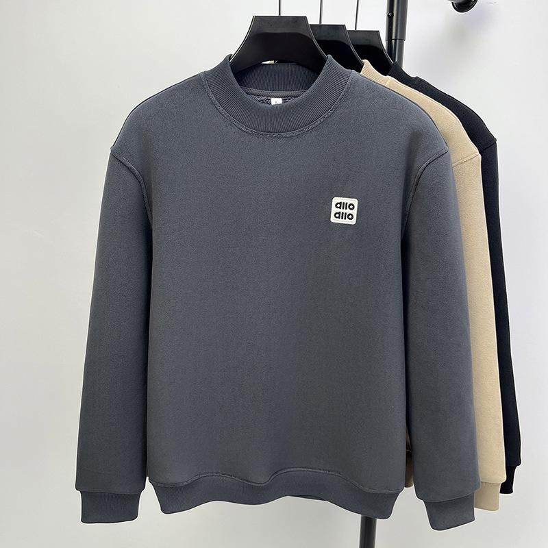 Men's Heavyweight Alpaca Wool Hoodie with Velvet Lining, Fleece-Lined, Versatile Round Neck Base Layer Shirt