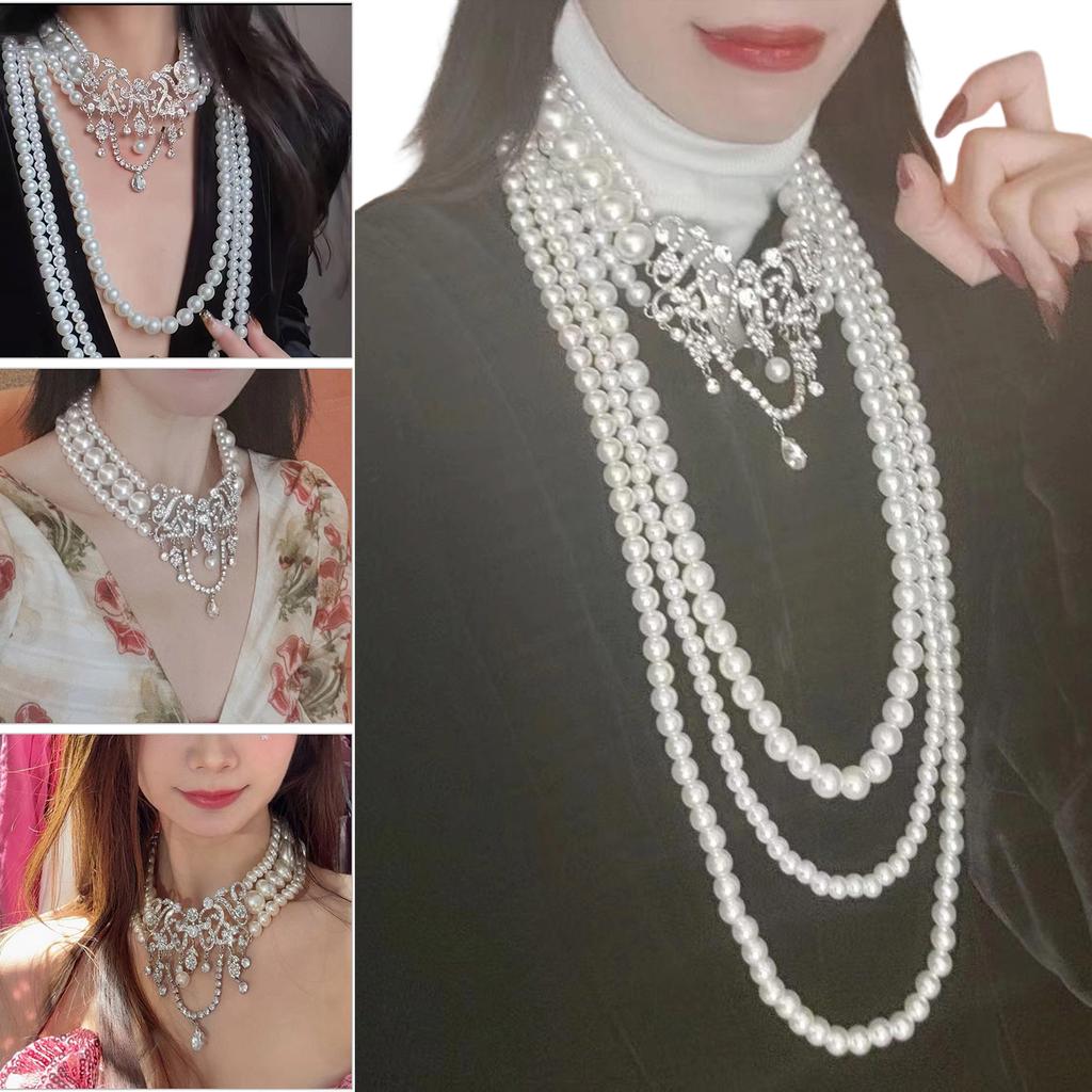 Multi Layer Simulated Pearls Necklace Adjustable Length Clavicle Chain Layering Neckchain Handmade Jewelry For Women