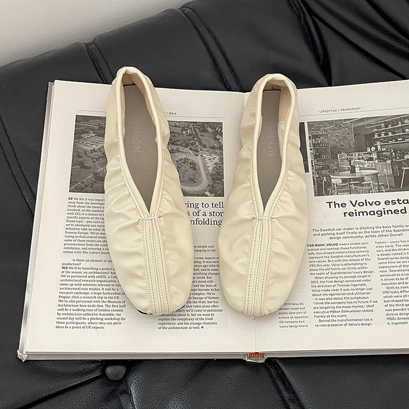 Fashion retro single shoes pleated ballet flats women's autumn temperament one pedal square head Mary Jane grandma shoes