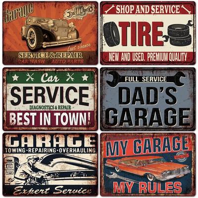 Garagen-Autoschilder Vintage Metallblechschild Dekoration Reparatur Auto Werkzeuge Dekorative Wandplatte Eisenhandwerk Blechplakat Rostplakette