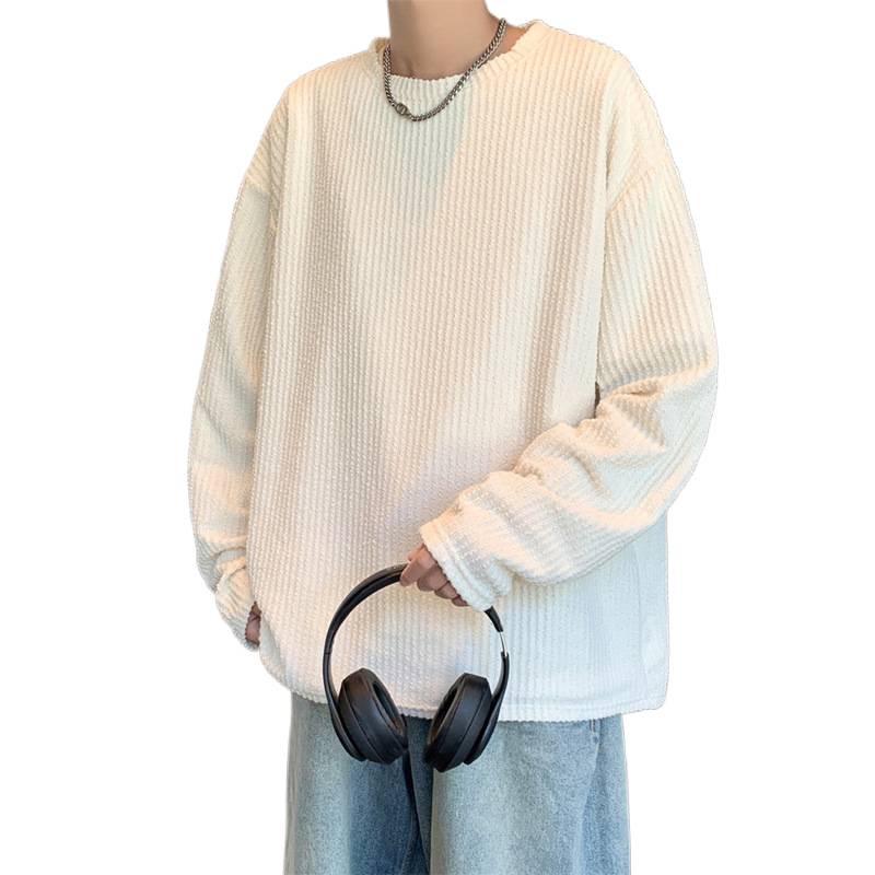 Men's Solid Color Long Sleeve Jacquard T-Shirt - Trendy Scruffy Hong Kong Style, Loose Fit for Couples.