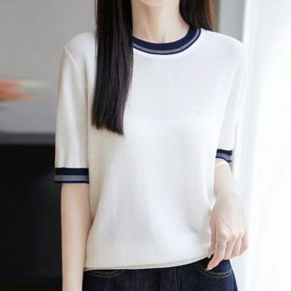 Navava Women Color Block Round Neck Short Sleeve Knit Tee Nk3013