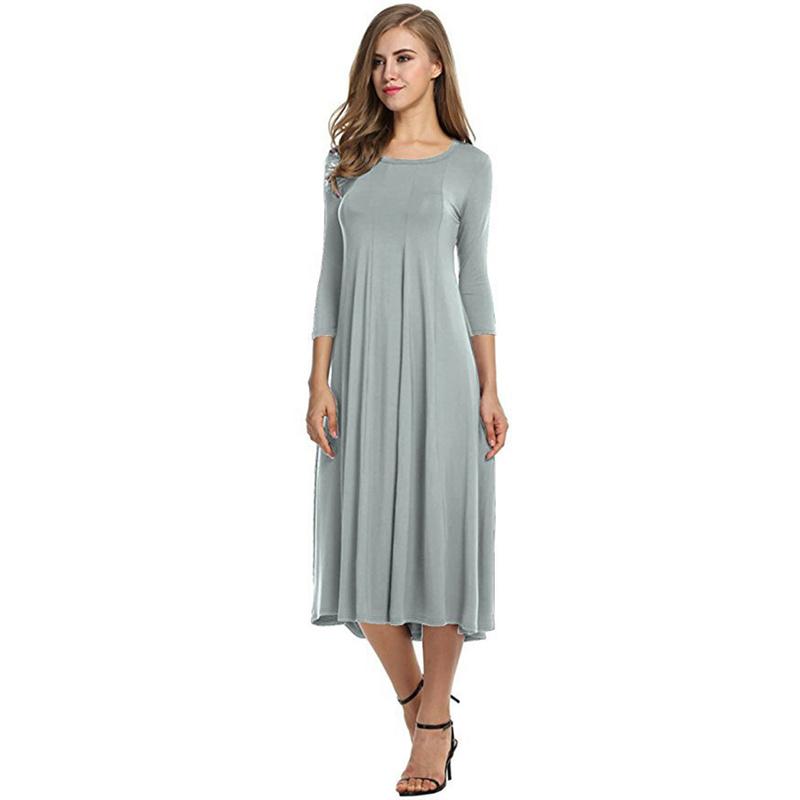 Sommerkleid für Damen, modisch, Rundhalsausschnitt, mittlere Ärmel, einfarbig, plissiert, lange Kleider