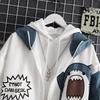 Spring Women Hooded Cute Shark Print Japanese Style Patchwork Teen Hoodies Jacket Fashion Harajuku Women Sweatshirt