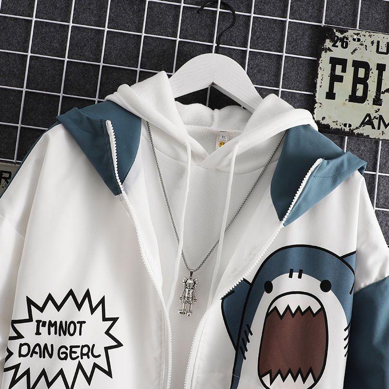 Spring Women Hooded Cute Shark Print Japanese Style Patchwork Teen Hoodies Jacket Fashion Harajuku Women Sweatshirt