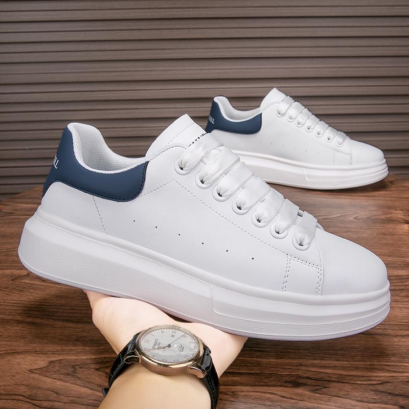 Men White Heel Contrast Platform Skate Sneakers Smooth Leather Thick Layered Sole Waterproof Daily Street Casual Board Shoes