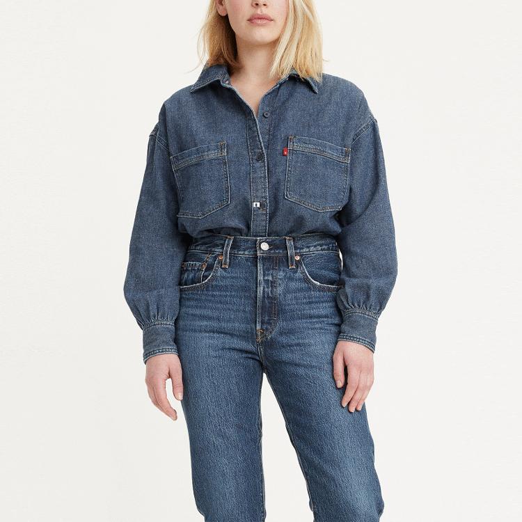 Levis Solid Color Button Down Long Sleeve Shirt Women Shirts Blue A0842-0002