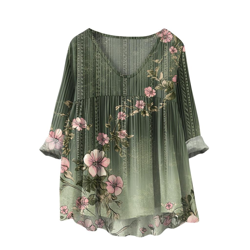 Women's Fashionable And Casual Shirt Long-sleeved V-neck Print Cotton And Linen Blouse