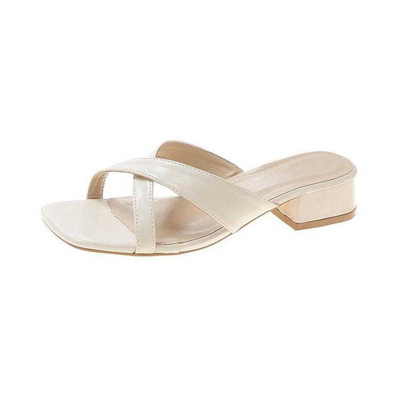Beach Slippers Women 2025 New Summer Square Toe Open Toe Sandals Slides Middle Heels Fashion Women's Sandals Size 35-42 WSH5067