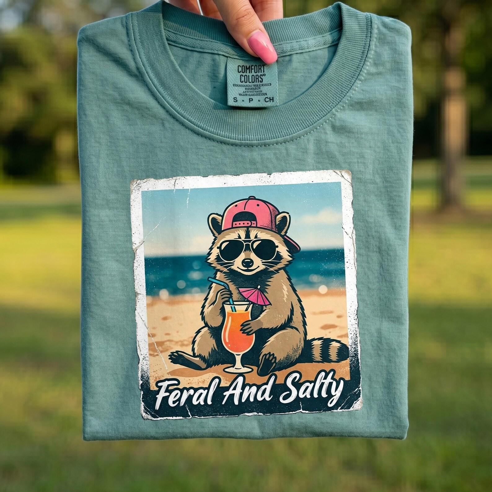 Comfort Colors® - Feral And Salty Shirt, Funny Raccoon Beach Tee, Summer Vacation Sarcastic Gift, Retro Polaroid Animal Shirt S
