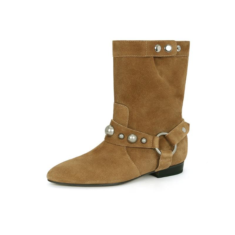 Cowhide Version~ Rivet Outdoor Thick Heel Western Cowboy Boots Women's Short Boots Retro Pointed Martin Boots