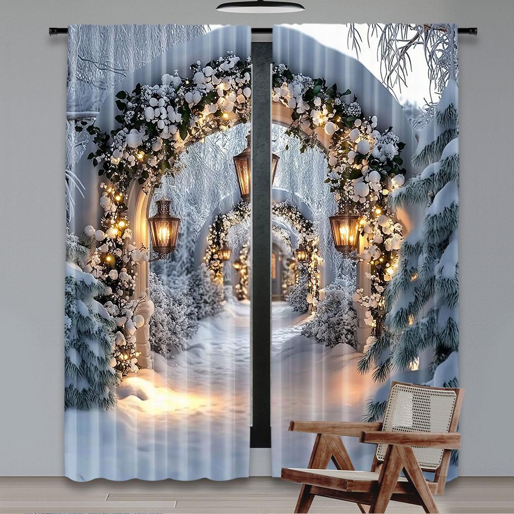 2Pcs Christmas Curtains Xmas Tree Christmas Arches Wall Corridor Large White Snow Scene Suitable For Bedroom Living Room Dining