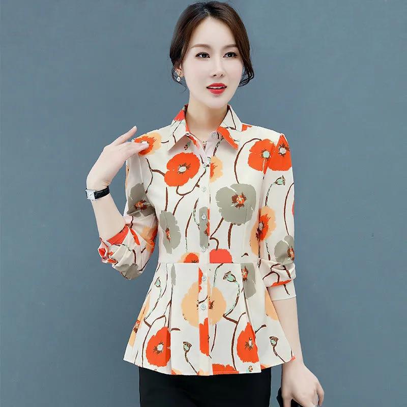 Summer Button Shirt Pleated Edge Chiffon Shirt Casual Printing T-shirt Thin Shirt for Middle-aged and Elderly Women