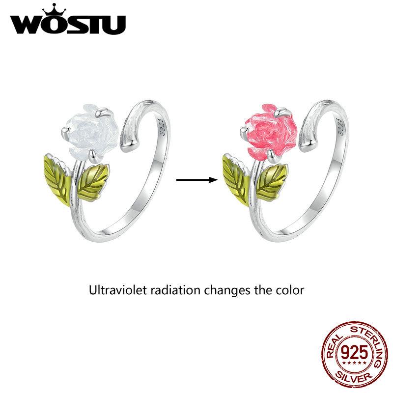WOSTU Real 925 Sterling Silver Change Color Rose Flower Openging Rings For Women Lovely Wedding Party Jewelry Anniversary Gift