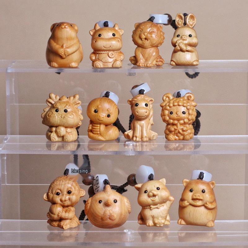 Cliff Cypress Zodiac Keychain Wood Carving Pendant Charm