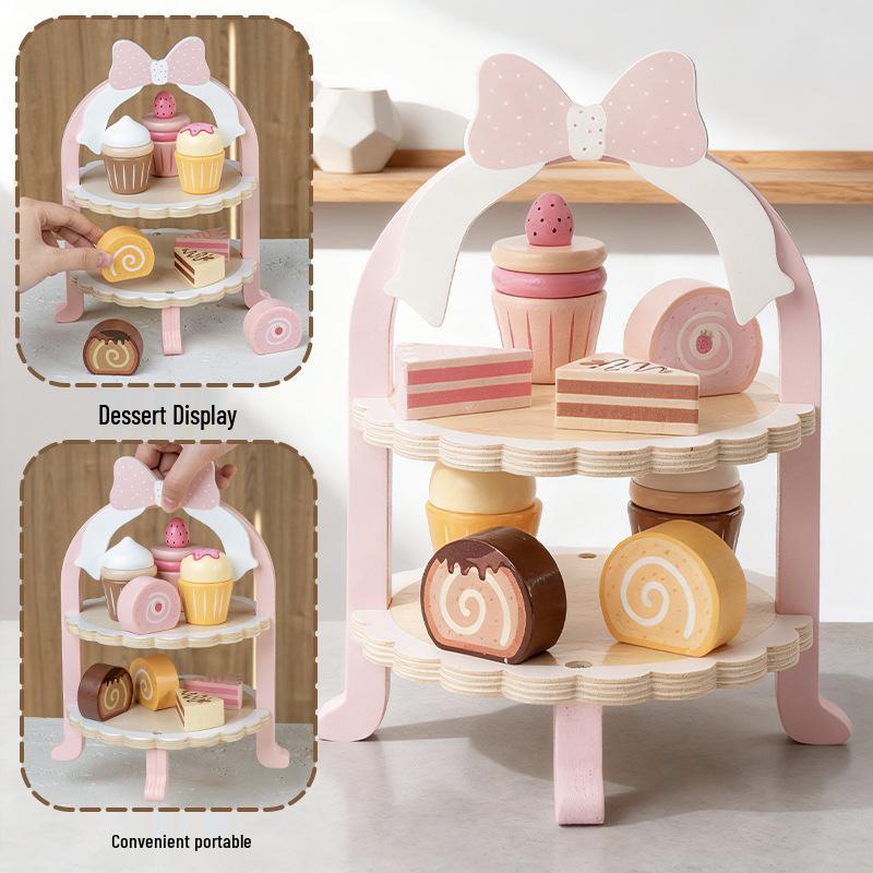 Children s Wooden Dessert Tea Party Playset: Multi-layer Cake & Kitchen Toy Gift