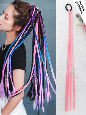 Synthetische Haarteile 20-Zoll-Pferdeschwanz Farbige Zöpfe Haarverlängerungen Mit Gummibändern Regenbogen Geflochtene Accessoires Für Frauen Party Highlights Cosplay