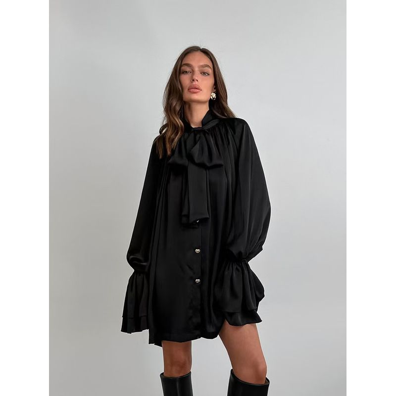 

Western Style Loose Tie-Neck Bell Sleeve Lace up Dress Trumpet Sleeve Lace up Dress Black L