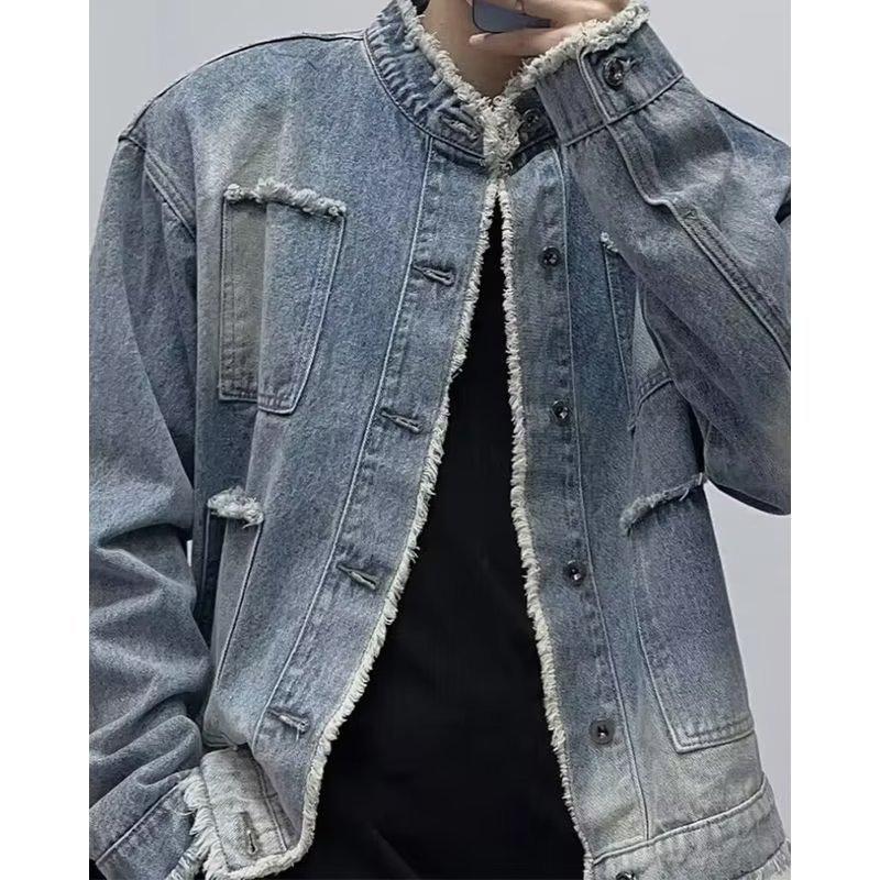 Ji Mao Edge Stand-Up Collar Denim Jacket Men'S Korean Gradual Change Jacket Trendy Brand Washed Casual Top