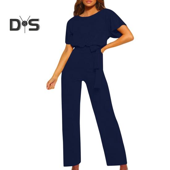 

Женский комбинезон с короткими рукавами, поясом на талии, прямые широкие брюки, повседневный комбинезон с круглым вырезом M