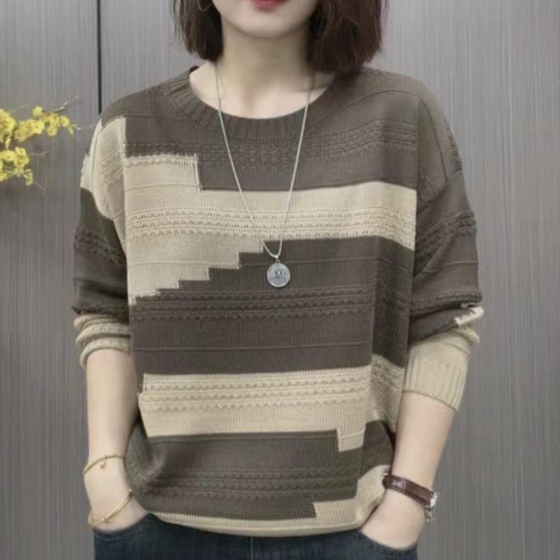 Autumn Winter Round Neck Patchwork Bottomed Sweater Women Loose Casual Vintage Knitting Pullover Top