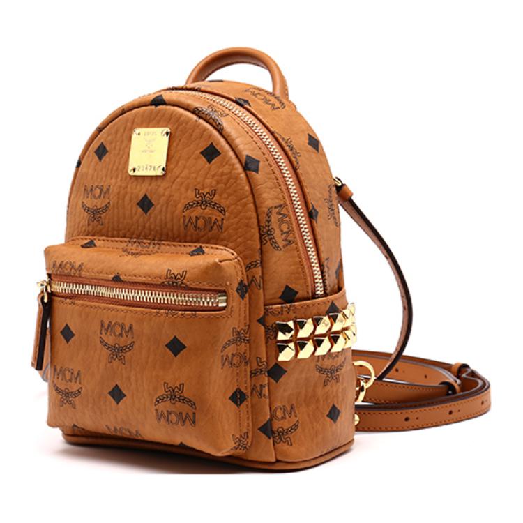 MCM Stark Classic Double-Sided Studded Coated Canvas And Leather Trim Backpack Mini Unisex backpack Brown Cognac MMKAAVE13CO001