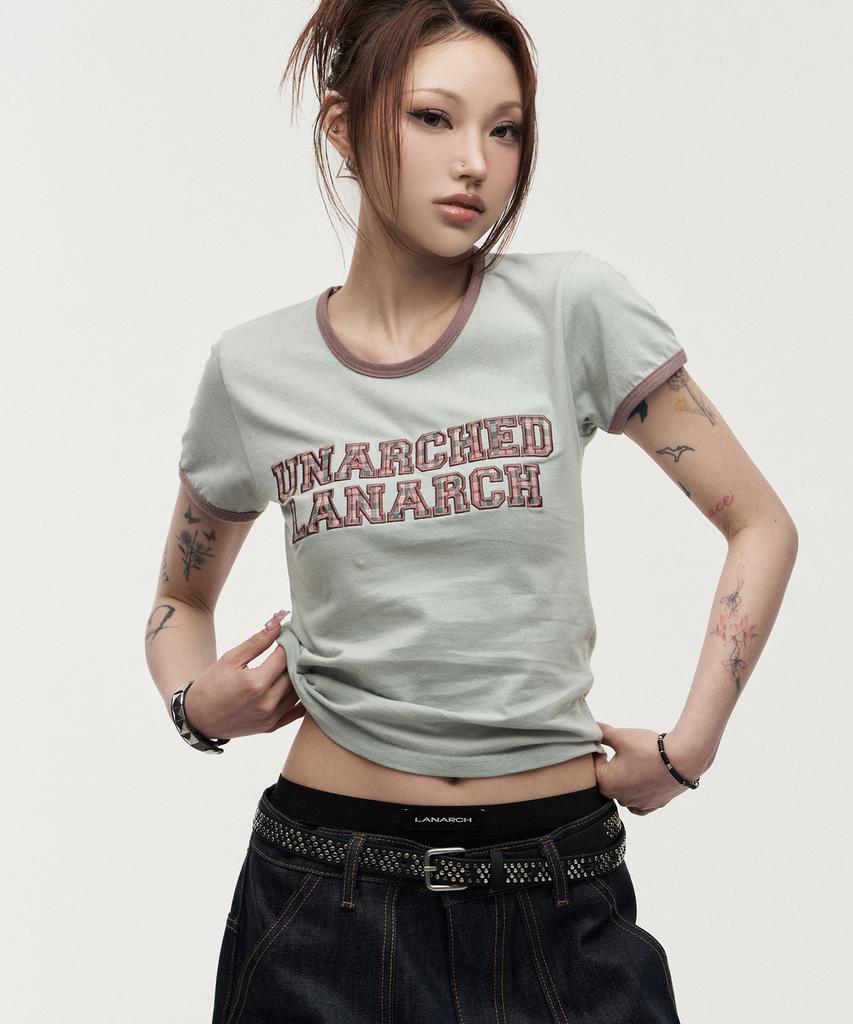 LANARCHIVE [0141] Lettering Applique Women'S Ringer T-Shirt - Dusty Mint