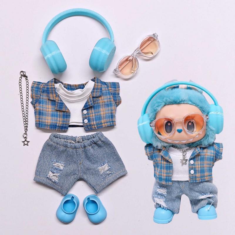 17cm Labubu Doll Outfit Set Blue Plaid Shirt White Tee Ripped Jeans Necklace Glasses Headphones Shoes 7pcs