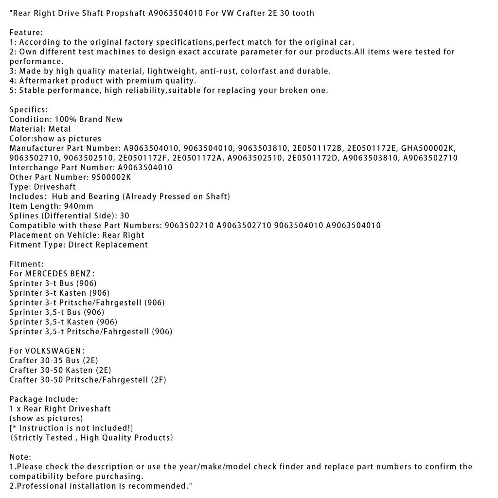 Rear Right Drive Shaft Propshaft A9063504010 For VW Crafter 2E 30 tooth