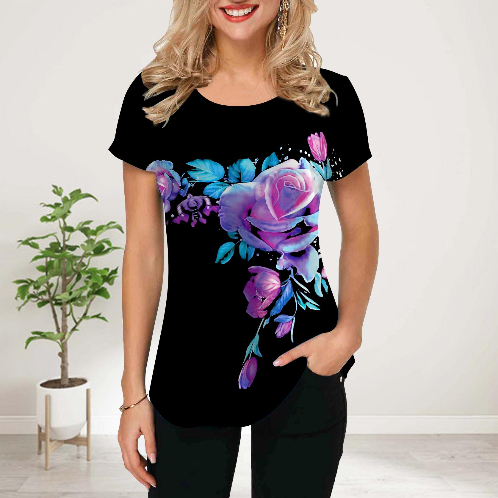 

Женская летняя футболка с принтом «цепочка роз» с коротким рукавом, повседневные топы с принтом XXL розовый