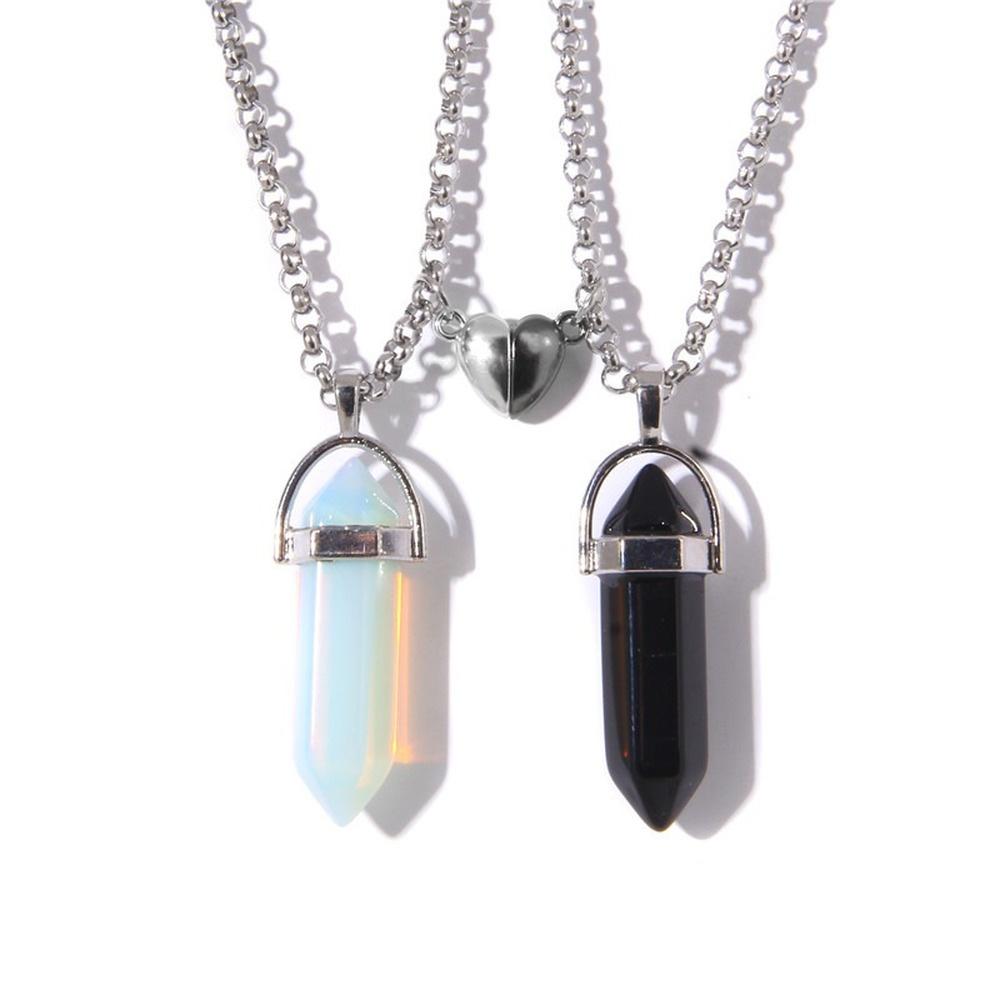 2 Stück/Set Leuchtende Sechseckige Säule Herz Anhänger Partner Magnetische Halskette Naturstein Geometrischer Anhänger Halskette Schmuck Geschenke