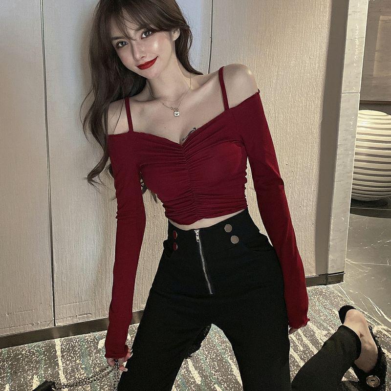 Hong Kong Style One-Shoulder Clavicle-Revealing Crop Top for Women