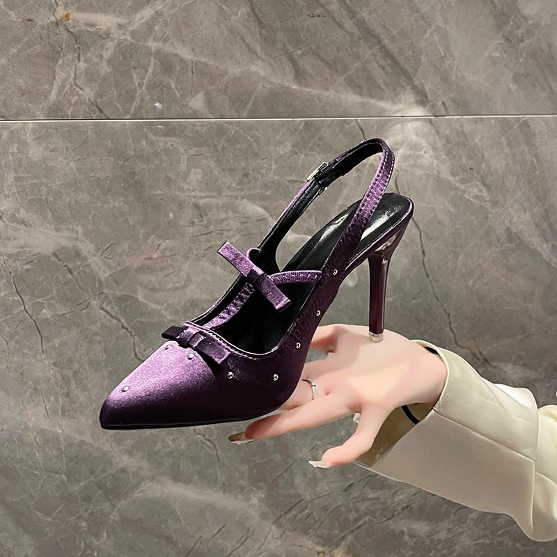 Mode Bao Kopf Stiletto Sandalen Sommer Neuer Stil Spitzkopf Flacher Ausschnitt Schmetterlingsknoten Nieten Set Fuß Rutschfest Hohe Absätze