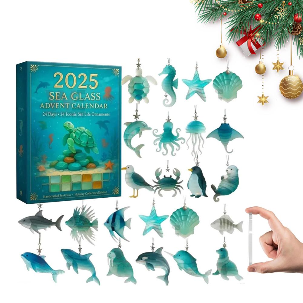 2D Acryl Seeglas Meeresleben Weihnachts-Adventskalender, 24 Tage Ozean-Themen Tiere Schildkröten Weihnachts-Countdown-Kalender