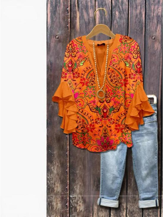 D New Women's Trendy V-neck Floral Print Casual T-shirt with Lotus Leaf Edge