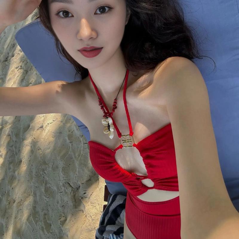Retro Red 2025 Backless Hollow-Out Triangle One-Piece Swimsuit