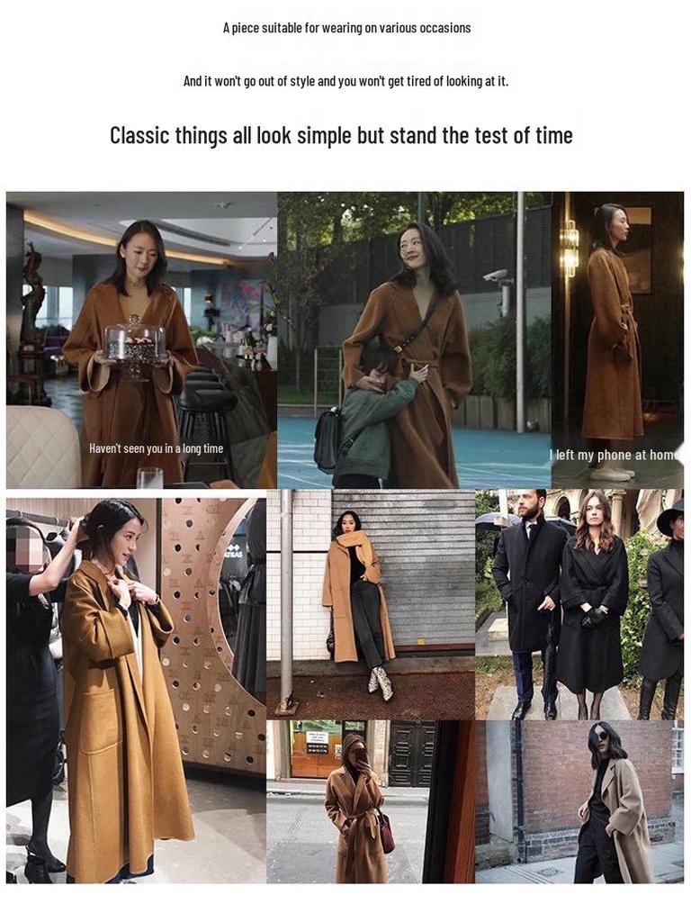 Women's Extra Long Double-Sided 100% Wool Coat with Belt for Autumn and Winter