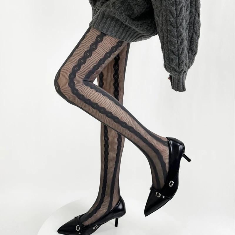 New Women Sexy Lace Mesh Fishnet Retro Pantyhose Thigh High Geometric Long Stocking Woman Personality Hosiery