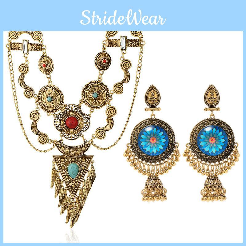Style Simulation Ethnic Gemstone Decoration Women Necklace And Earring Set