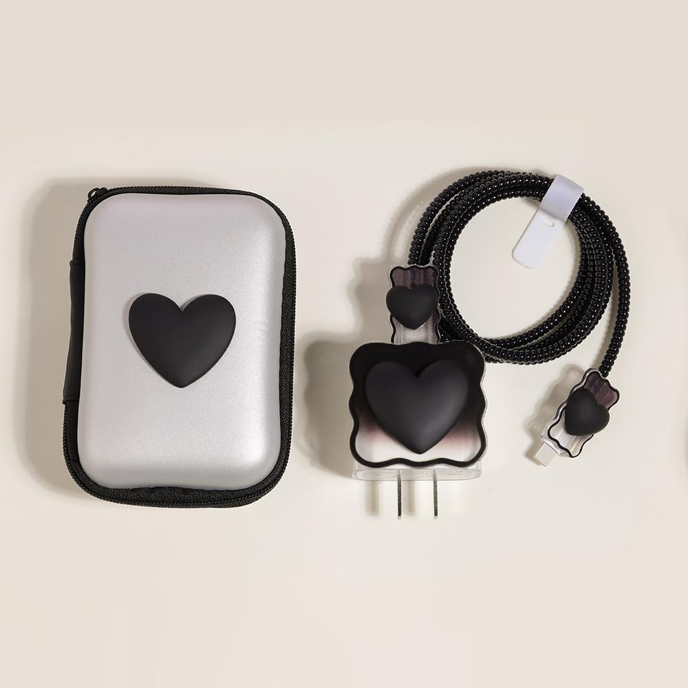 Korea Cute 3D Love Heart+EVA Storage Bag Set Charger Cover For iPhone 11 12 13 14 15 16 Pro Max 18W-20W Charge Protection Sleeve
