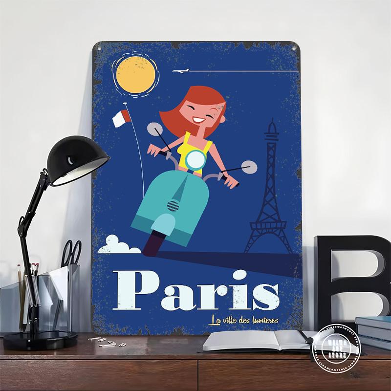 Paris Travel With Scooter Poster Customized Wall Art Vintage Metal Signs Retro Tin Plaque for Man Cave Room Decor Men Wand Deko