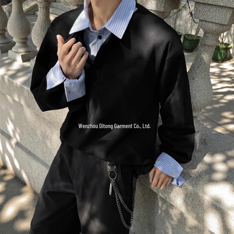 Men s Autumn Striped Patchwork Sweatshirt - Fake Two-Piece Collar Long Sleeve Streetwear Top XL чёрный