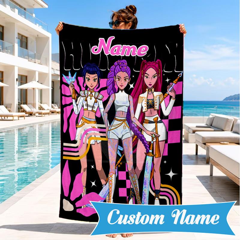 Custom Name KPop Cartoon Beach Towel Microfiber Beach Towel, Lightweight and Quick-Dry, for Summer Travel, Swimming Pool Gift