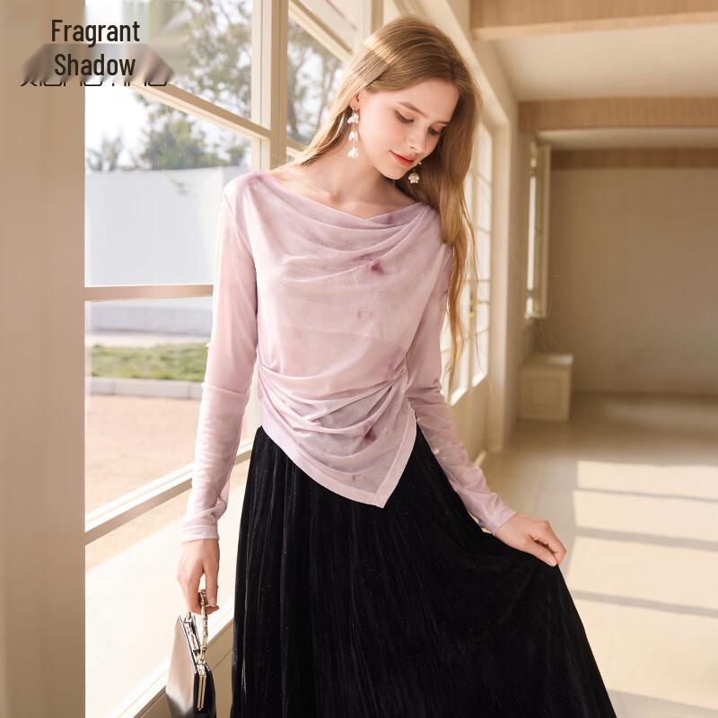 Xiangying Draped Collar Gradient Mesh Long Sleeve Top XL
