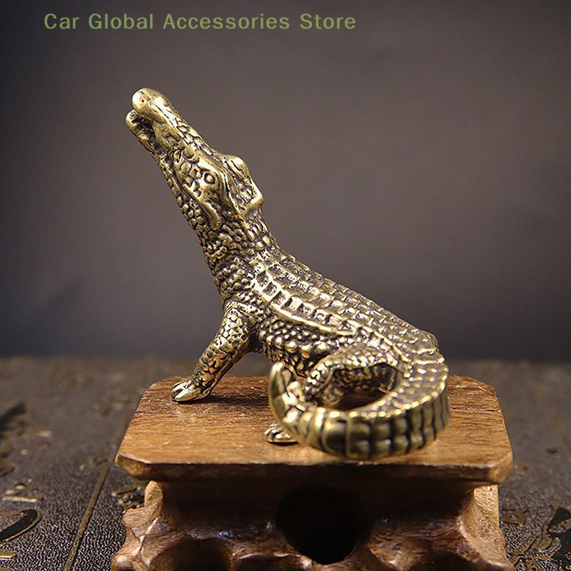 1x Antique Bronze Crocodile Miniature Figurines Vintage Brass Mini Alligator Statue Desk Ornaments Home Feng Shui Decor Crafts